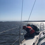 Två killar som är ute och seglar som tittar överbord ner i havet